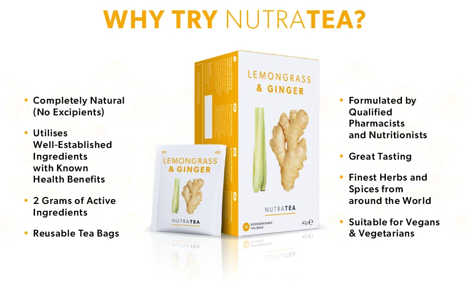 Nutra Tea - Lemongrass & Ginger Tea - 120 Tea Bags - Herbal Tea - (6 Pack) 6 Pack (120 Tea Bags) - NutraTea Lemongrass & Ginger Functional Herbal Tea - Why NutraTea?