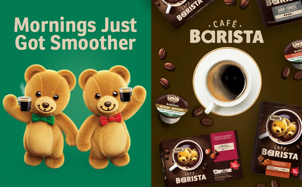 Kraft Smooth Peanut Butter 1kg - Image of bears, cup, coffee beans and boxes of coffee. Text reads Mornings just got smoother.