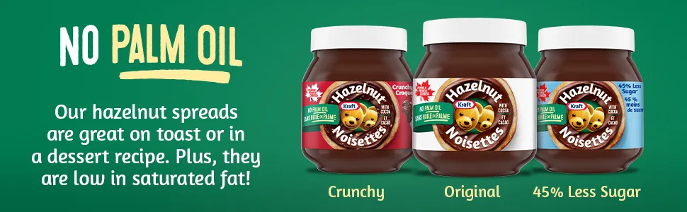 Kraft Smooth Peanut Butter 1kg - Image of three jars of hazelnut spread. Text reads no palm oil.