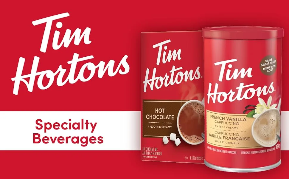 Tim Horton's Instant Cappuccino French Vanilla 16 Ounce & Orange Pekoe Tea Bags Classic Steeped Tea 108ct Pack - hot coco