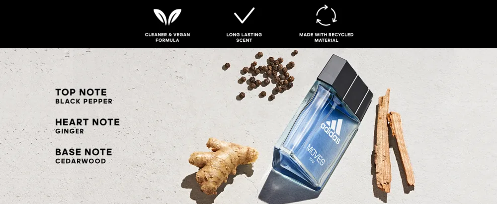 Adidas Moves for Men Eau de Toilette Spray 1.6 Fl OZ - Top note black pepper, heart note ginger, base note cedarwood