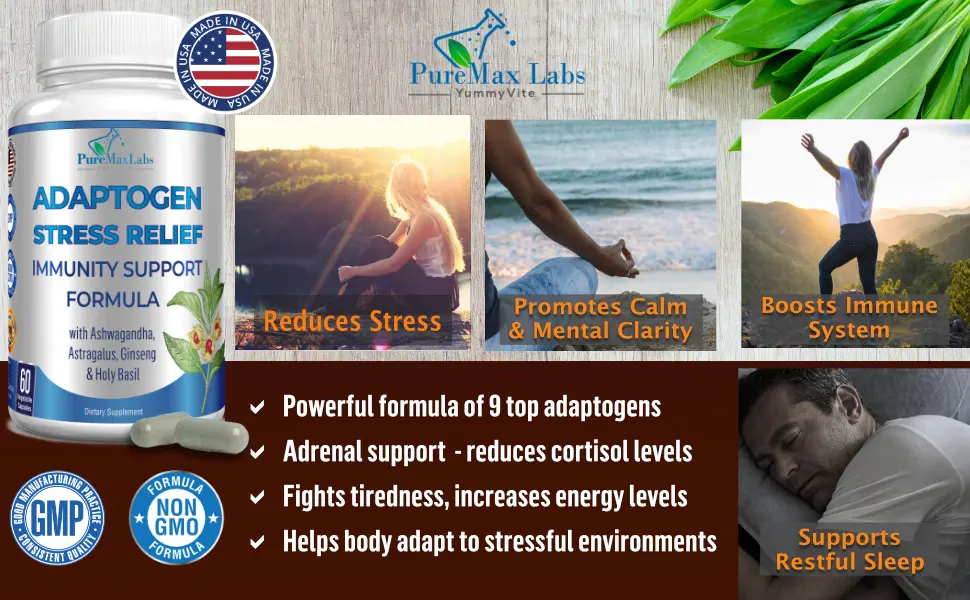 Adaptogen Stress Relief Immune Support Formula, 60 Capsules, Adrenal Support with Ashwagandha, Astragalus, Ginseng, Holy Basil, Rhodiola, Amla, Maca, Schisandra, Eleuthero, Non-GMO - Adaptogen Stress relief formula