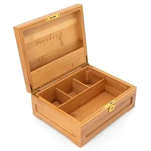 Wooden Stash Box Bundle, Rolling Tray, Jar, Rolling Kit, Rolling Tray Stash Box with Lock, Rolling Tray Bundle, Bamboo Rolling Tray with Lid, Accessories, Wood Storage Set, Locking Stash Box - empty box open