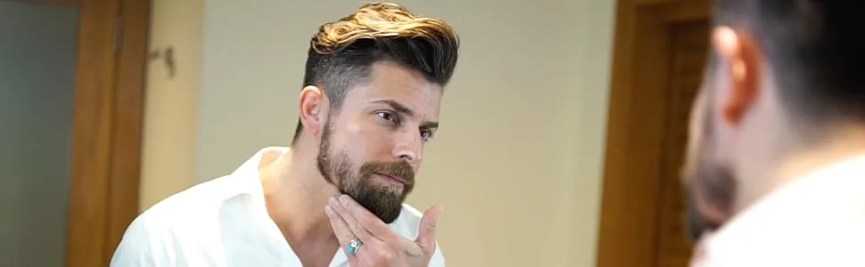 Aberlite FlexShaper - Beard Shaper Neckline Guide - Hands-Free & Flexible - The Ultimate Neckline Beard Shaping Template - Beard Trimmer Tool - Lineup Stencil Kit (White) - handsome model with a nice beard