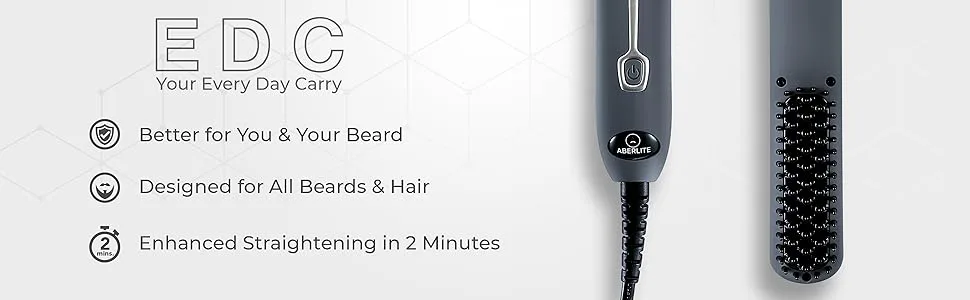 Aberlite EDC - Premium Beard Straightener Brush for Men - Professional Straightening Tool Heated Comb - for Short & Long Beards  - for Home and Travel (Grey) - EDC beard straightener