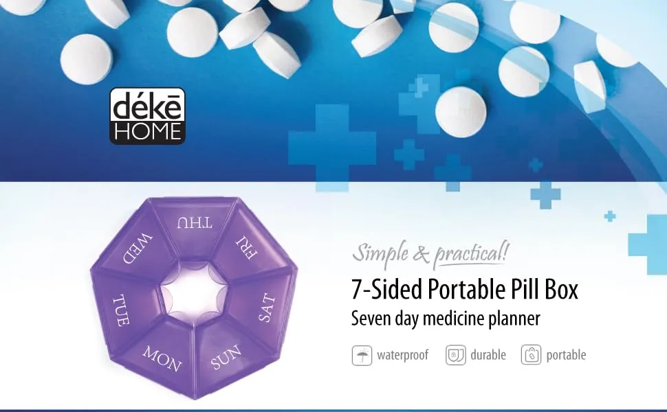 7-Sided Portable Pill Box Medicine Planner Small case (Seven Day Weekly Container) Medication, Vitamin Holder Boxes Organizer Pillbox Dispenser Organizer, sorter and Reminder containers (1 Unit) Purple - heptagon 7-Sided Portable Pill Box Medicine Planner Day Weekly Travel Container Vitamin Organizer