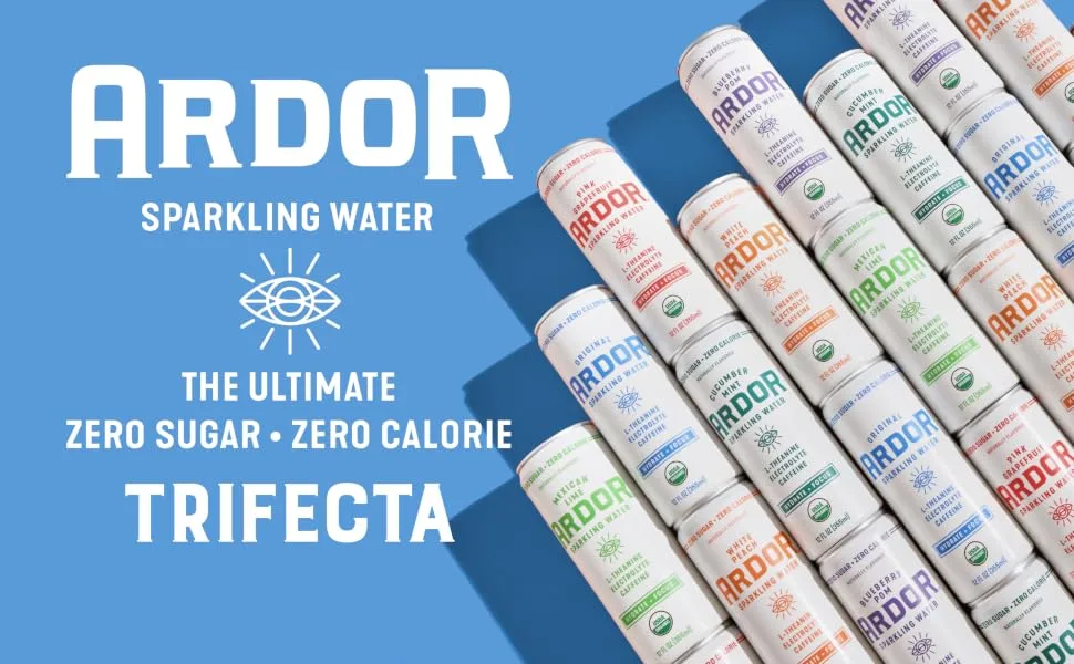 7 flavor variety pack Mexican Lime/Pink Grapefruit/Cucumber Mint/White Peach/Blueberry Pom/Tropical Mango/Vanilla Blackberry - Ardor organic sparkling water
