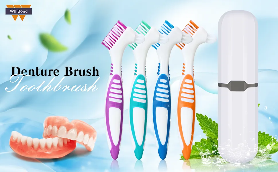 6 Pieces Hard Denture Brush Denture Toothbrush Cleaning Brush with White Carrying Case for False Teeth Cleaning (Red, Green and Blue) - product information 1