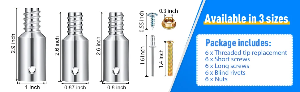 6 Pcs Threaded Tip Replacement Ultra Threaded Tip Repair Kit Pole Handle Replacement Extension Pole Adapter Tips Metal Threaded Handle Tips End Adapter for 1 Inch Wood Metal Pole Stick Mop Broom Brush - product information 2