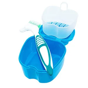 4 Pcs Denture Cups False Teeth Denture Case Denture Base Holder Box Container Soaking Denture Bath with Strainer Basket & Denture Brush For Travel Cleaning Overnight Soaking Sort Blue Green - adult dental plate brush