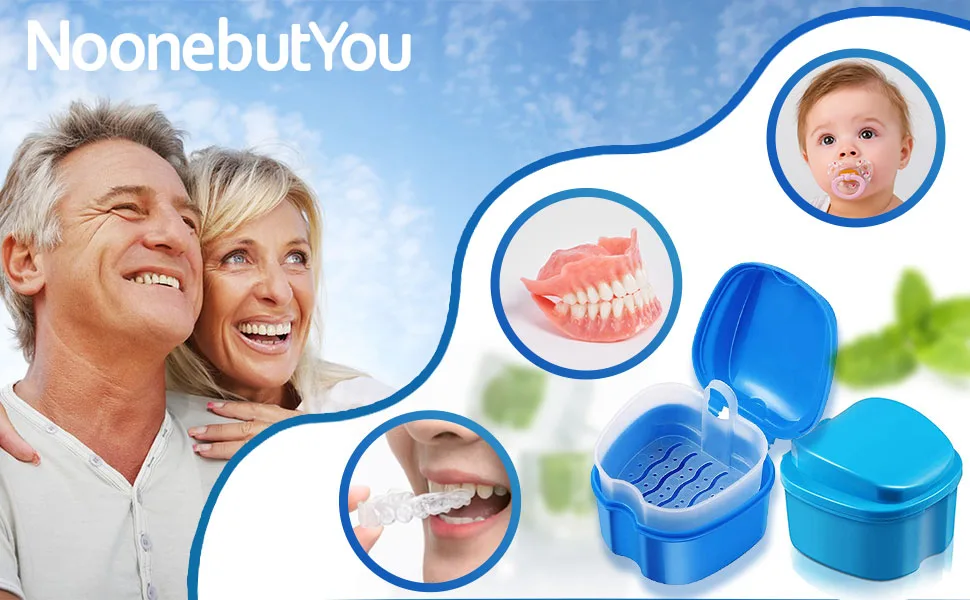 4 Pcs Denture Cups False Teeth Denture Case Denture Base Holder Box Container Soaking Denture Bath with Strainer Basket & Denture Brush For Travel Cleaning Overnight Soaking Sort Blue Green - false teeth container