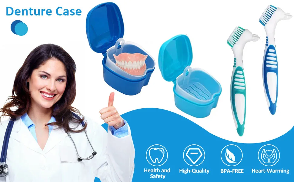 4 Pcs Denture Cups False Teeth Denture Case Denture Base Holder Box Container Soaking Denture Bath with Strainer Basket & Denture Brush For Travel Cleaning Overnight Soaking Sort Blue Green - false teeth holder