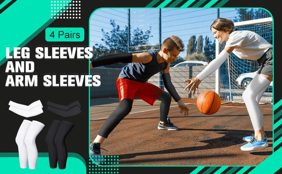 4 Pairs Kids Long Compression Leg Sleeves and Compression Arm Sleeves Youth Basketball Leg Sleeves Black and White Small - product information 1