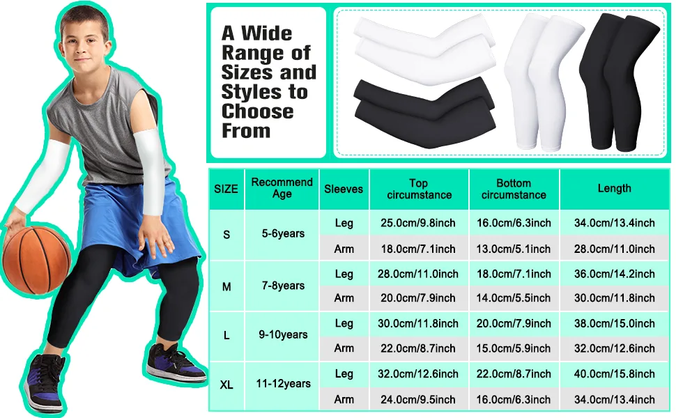4 Pairs Kids Long Compression Leg Sleeves and Compression Arm Sleeves Youth Basketball Leg Sleeves Black and White Small - product information 2