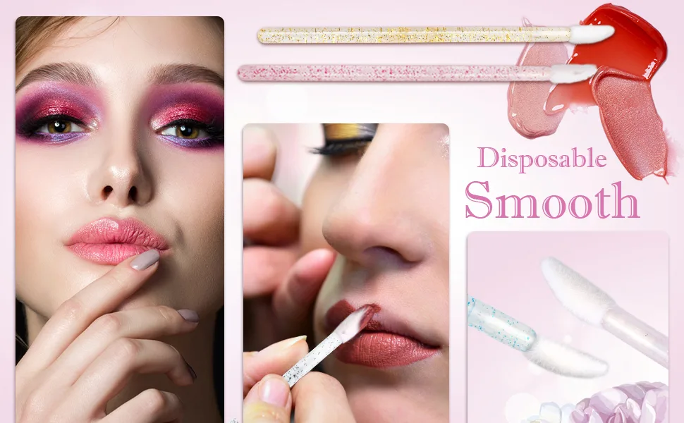 300PCS Glitter Crystal Lip Brush, Disposable Lip Brushes Lip Gloss Applicators Lipstick Gloss Wands Applicator Perfect Makeup Tool Kits (Pink) Baby Pink - lip brush