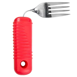 3 Piece Super Easy Grip Red Flatware Set - Bendable Built Up Large Fork, Knife, and Spoon - fork