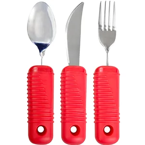 3 Piece Super Easy Grip Red Flatware Set - Bendable Built Up Large Fork, Knife, and Spoon - product information 9