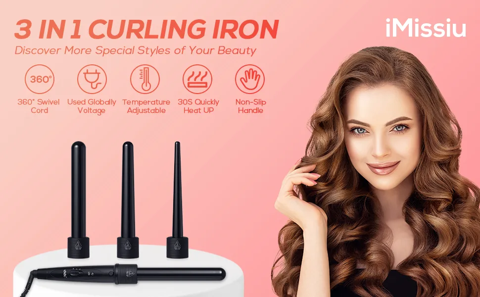 3 in 1 Curling Wand Set with 3 Interchangeable Curling Iron Ceramic Barrels with Heat Resistant Glove  Black - 3in1 curling wand iron