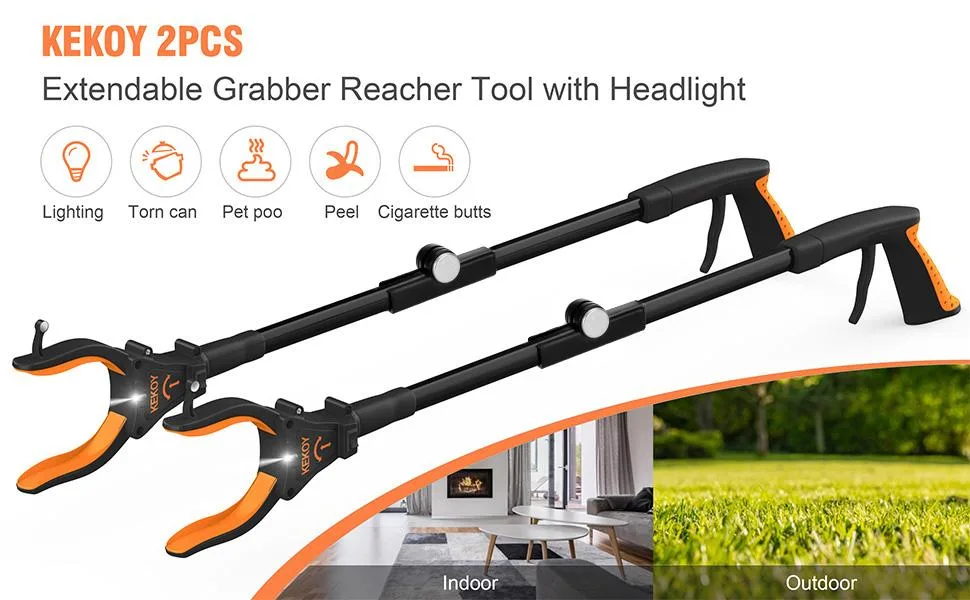 2-Pack Foldable Grabber Reacher Tool with Light, 32 Inch Trash Picker Grabber, Reacher Claw Grabber for Elderly, 90Rotating Anti-Slip Jaw, Durable Stick, Magnet Hook Orange - grabber reacher tool