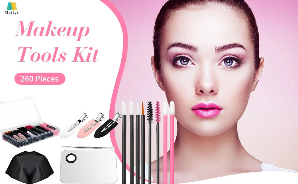 260 Pieces Disposable Makeup Tools Kit, Includes Eyeliner Brushes Mascara Wands Lipstick Applicators Plastic Storge Box Short Waterproof Cape Stainless Steel Makeup Palette and Spatula (Mixed Color) - product information 1