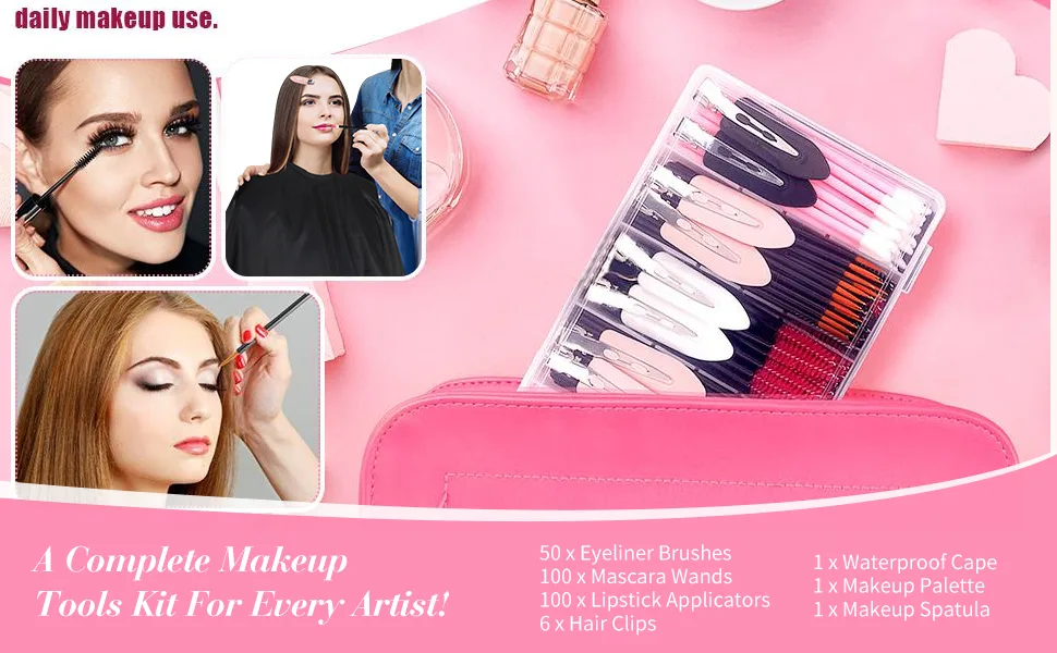 260 Pieces Disposable Makeup Tools Kit, Includes Eyeliner Brushes Mascara Wands Lipstick Applicators Plastic Storge Box Short Waterproof Cape Stainless Steel Makeup Palette and Spatula (Mixed Color) - product information 7