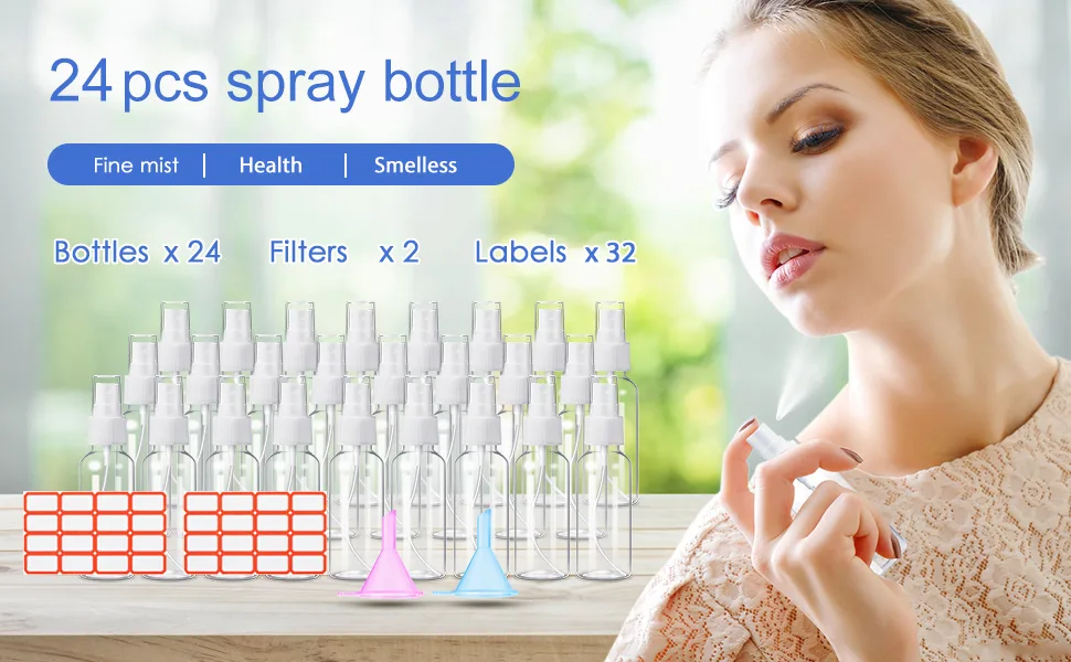 24 Pcs Spray Bottles 2oz / 55ml Clear Empty Mini Mister Spray Bottles Refillable Container Pocket Size Sprayer Set Essential Oils Travel Cleaning Solution Makeup Bottles with 2pcs Funnels 32pcs Labels White - spray bottle