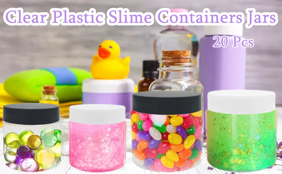 20Pcs 4oz Clear Plastic Slime Containers,Round Wide-Mouth Storage Jars,Refillable Container for Slime,Cosmetic,Lotion,Candy,Craft,Black Lids 4 oz black lid - clear plastic slime containers