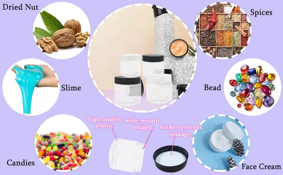 20Pcs 4oz Clear Plastic Slime Containers,Round Wide-Mouth Storage Jars,Refillable Container for Slime,Cosmetic,Lotion,Candy,Craft,Black Lids 4 oz black lid - slime container jars