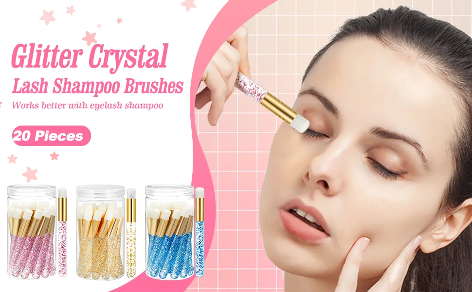 20 Pieces Glitter Crystal Lash Shampoo Brushes with Container Eyelash Extension Cleanser Brush Lash Cleansing Brushes Lash Bath Brush Eyelash Brushes for Eyelash Extensions Prolong Cleansing (Purple) - product information 2
