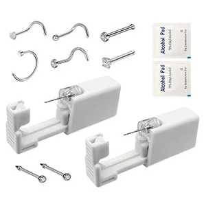 2 Pack Home Nose Piercing Kit, SLVIEKAE Disposable Self Nose Piercing Gun, Nose Stud Piercing Kit with 6 Pcs Free Nose Rings (Silver) - 2 Pack Home Nose Piercing Kit