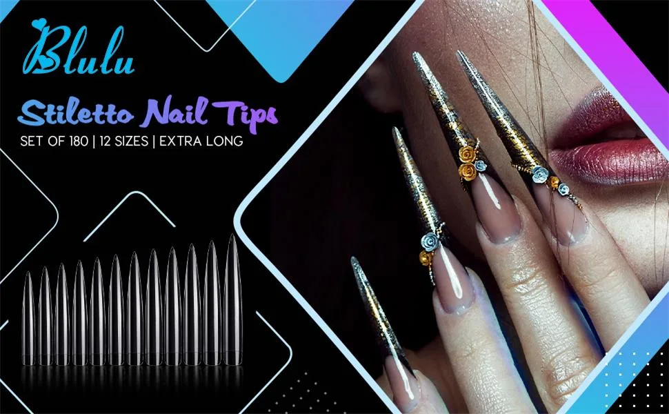 180 Pieces Extra Long Nails Tips Stiletto False Nails Sharp 12 Sizes Artificial Nails Tips with Nail Files for DIY Fake Nail Manicure Nail Salon Teaching Practice and Performances (Clear) - product information 1