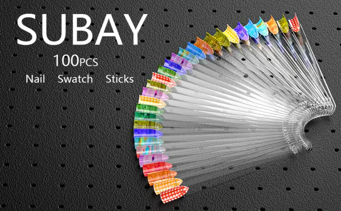 100pcs Fan-shaped Nail Swatch Sticks, False Fake Nail Art Tips Sticks Polish Gel Salon Display Practice Tools with Metal Split Ring Holder (Clear) - Nail Swatch Sticks