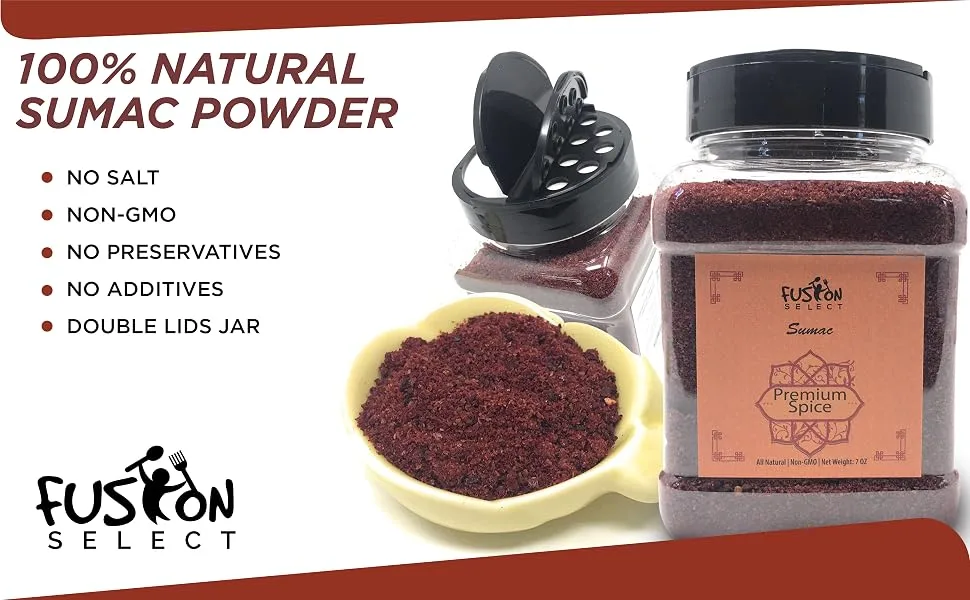 100% Pure Sumac, 100% Natural Sumac Powder | No Salt | Non-GMO | Middle Eastern Spices | 7 oz | 198.4 Gram | Double Lids Jar - Sumac
