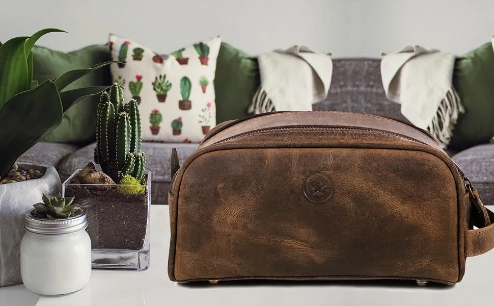 10" Premium Leather Toiletry Travel Pouch With Waterproof Lining | King-Size Handcrafted Vintage Dopp - Kit By Aaron Leather Goods (Dark Brown) - fb65