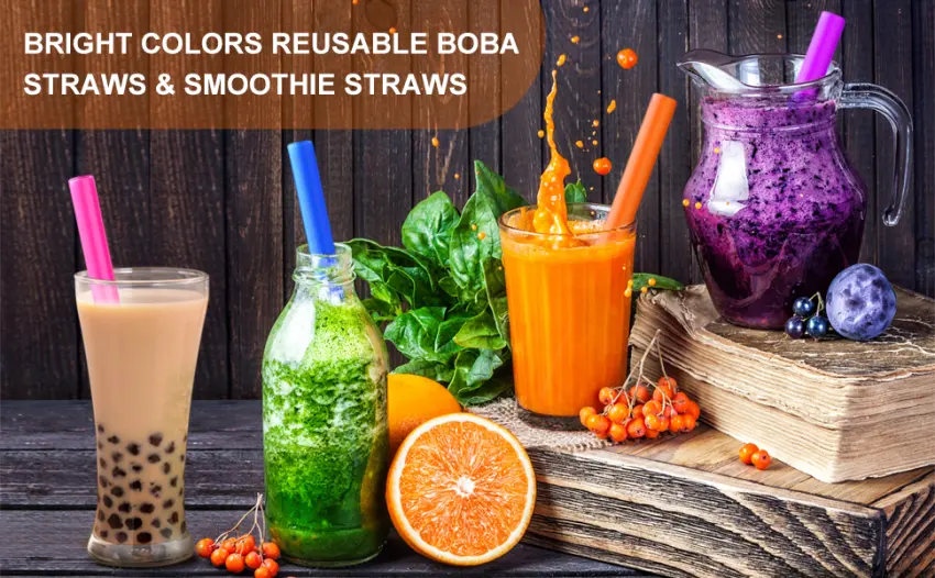 Angled Tips 12 Pcs Reusable Boba Straws and Smoothie Straws with 1 Storage Bag and 2 Brushes, BPA Free Food Grade - boba straw