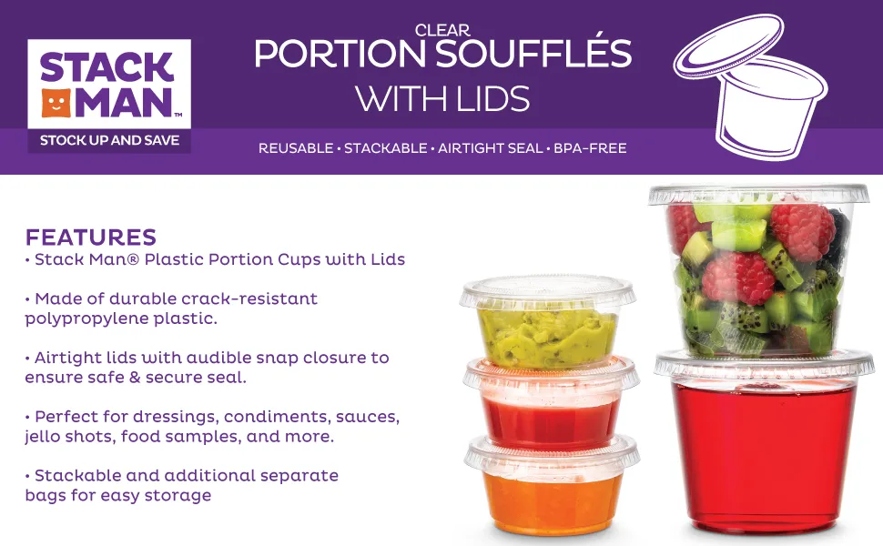 200 Sets - 2 oz. Small Plastic Containers with Lids, Jello Shot Cups, Condiment Cups, 2oz Dipping Sauce & Salad Dressing Container, Disposable Mini Plastic Portion Souffle Cups Ramekins, Pudding Cup 2 Ounce - Product Header