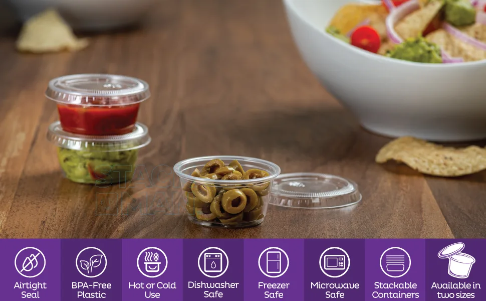 200 Sets - 2 oz. Small Plastic Containers with Lids, Jello Shot Cups, Condiment Cups, 2oz Dipping Sauce & Salad Dressing Container, Disposable Mini Plastic Portion Souffle Cups Ramekins, Pudding Cup 2 Ounce - Product Picture