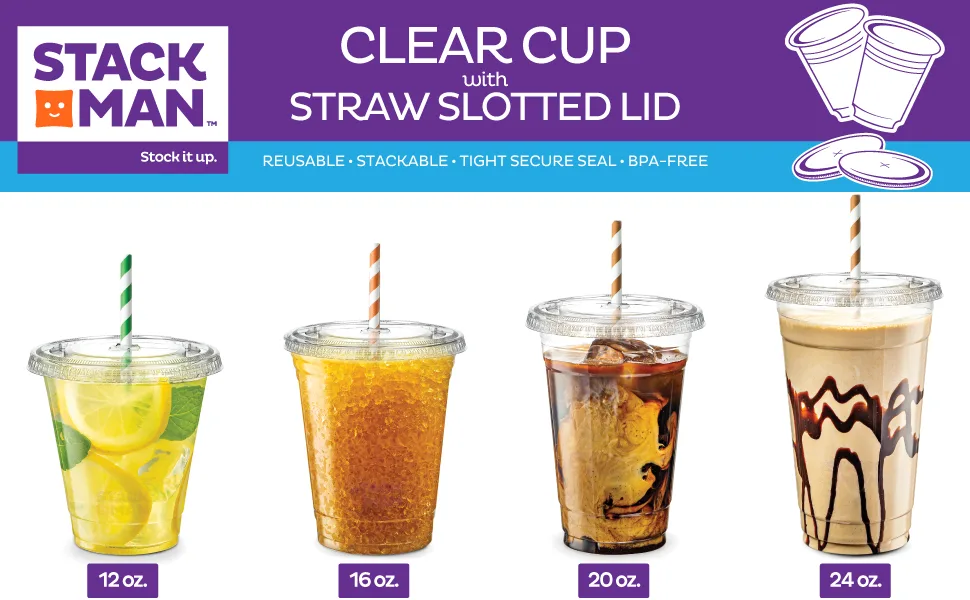 100 Sets - 16 oz. Clear Plastic Cups with Straw Slot Lid, PET Crystal Clear Disposable 16oz Plastic Cups with lids - Header