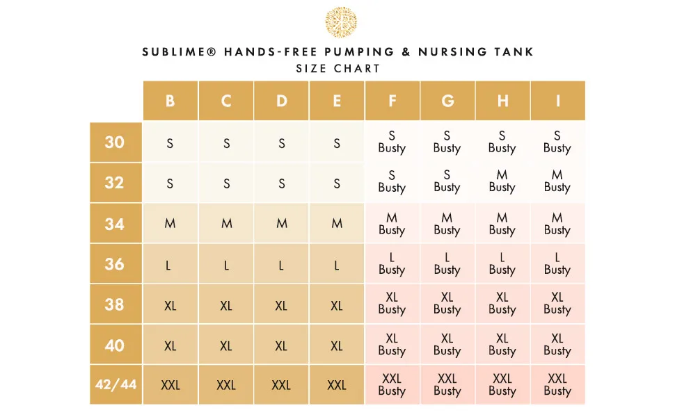 Kindred Bravely Sublime Hands Free Pumping Tank | Patented All-in-One Pumping & Nursing Tank Top with EasyClip - Regular Fit - BustyPumpingTank_SizeChart