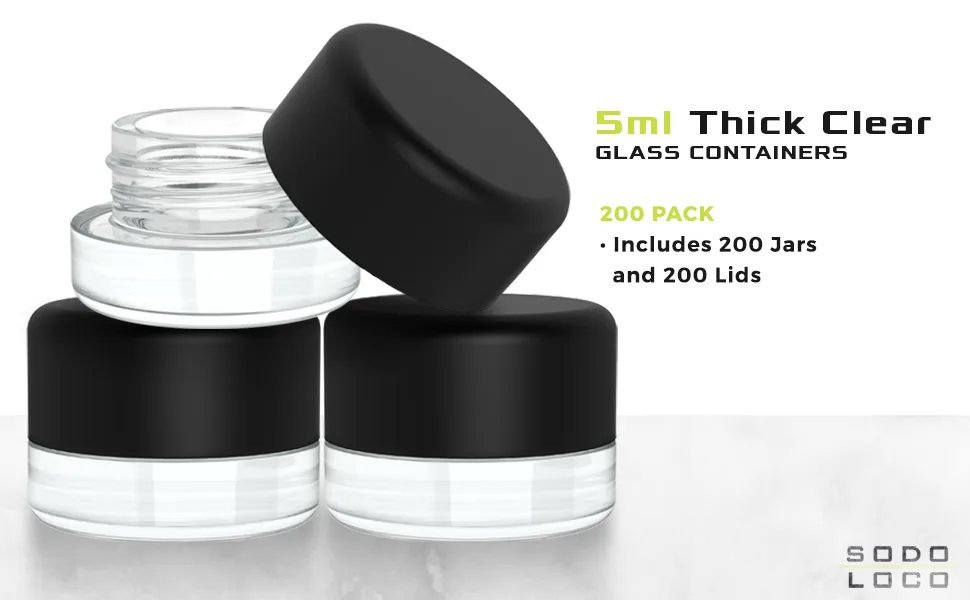 (200 Pack) 5ml Thick Clear Glass Containers with Black Child Resistant Lids - Jars for Oil, Lip Balm, Wax, Cosmetics - 5ml Clear Glass Jar with Black CR Lid 1