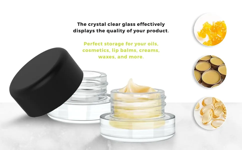 (200 Pack) 5ml Thick Clear Glass Containers with Black Child Resistant Lids - Jars for Oil, Lip Balm, Wax, Cosmetics - 5ml Clear Glass Jar with Black CR Lid 5