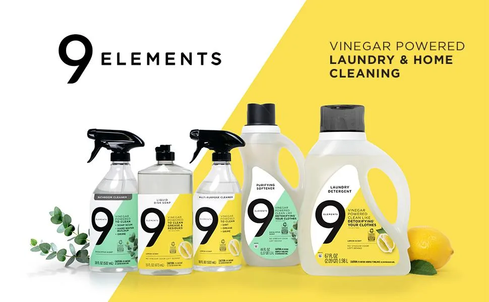 9 Elements All Purpose Cleaner, Kitchen, Floor, & Bathroom Cleaner, Eucalyptus Multi Surface Cleaning Vinegar Spray, 18 oz Bottles (Pack of 3) - An image showcasing 9 Elements ingredients and benefits.
