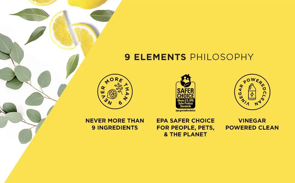 9 Elements All Purpose Cleaner, Kitchen, Floor, & Bathroom Cleaner, Eucalyptus Multi Surface Cleaning Vinegar Spray, 18 oz Bottles (Pack of 3) - An image showcasing 9 Elements ingredients and benefits.