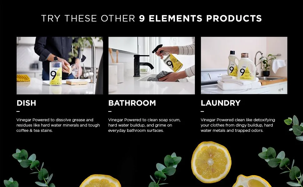 9 Elements All Purpose Cleaner, Kitchen, Floor, & Bathroom Cleaner, Eucalyptus Multi Surface Cleaning Vinegar Spray, 18 oz Bottles (Pack of 3) - An image showcasing 9 Elements ingredients and benefits.