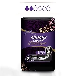 Always Discreet, Incontinence & Postpartum Liners For Women, Size 2, Very Light Absorbency, Long Length, 44 Count X 3 Packs (132 Count Total) - Always Discreet Boutique Liners offer the same level of protection with a fabric-like feel.