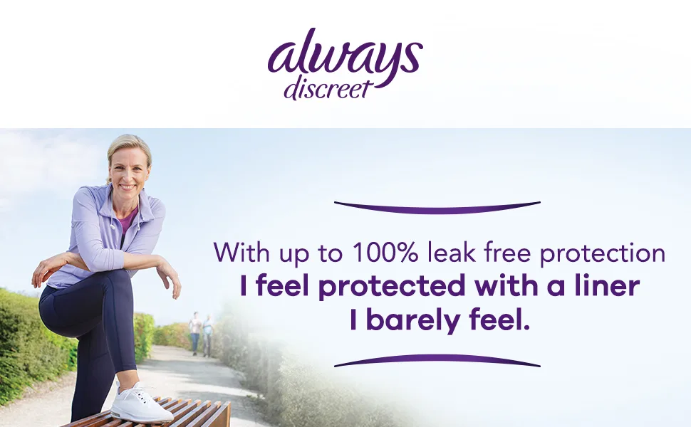 Always Discreet, Incontinence & Postpartum Liners For Women, Size 2, Very Light Absorbency, Long Length, 44 Count X 3 Packs (132 Count Total) - Confident woman feeling protected wearing an Always Discreet incontinence liner.