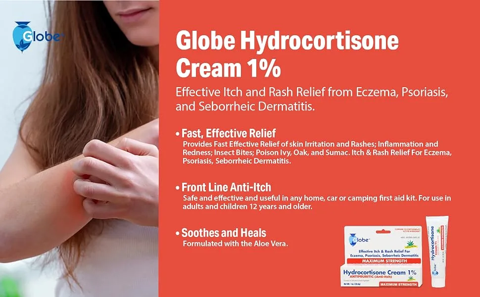 Globe Hydrocortisone Maximum Strength Cream 1% w/ Aloe, | Anti-Itch Cream for Redness, Swelling, Itching, Rash & Dermatitis, Bug/Mosquito Bites, Eczema, Hemorrhoids & More | (4-Pack) - Globe Hydrocortisone Cream