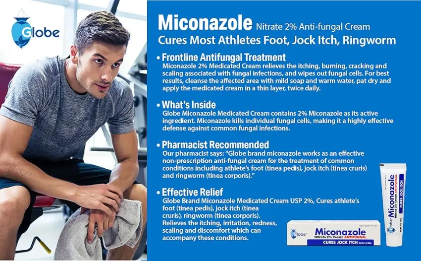 Globe Miconazole Nitrate 2% Antifungal Cream, Cures Most Athletes Foot, Jock Itch, Ringworm. 1 OZ Tube (3 Pack) - mico