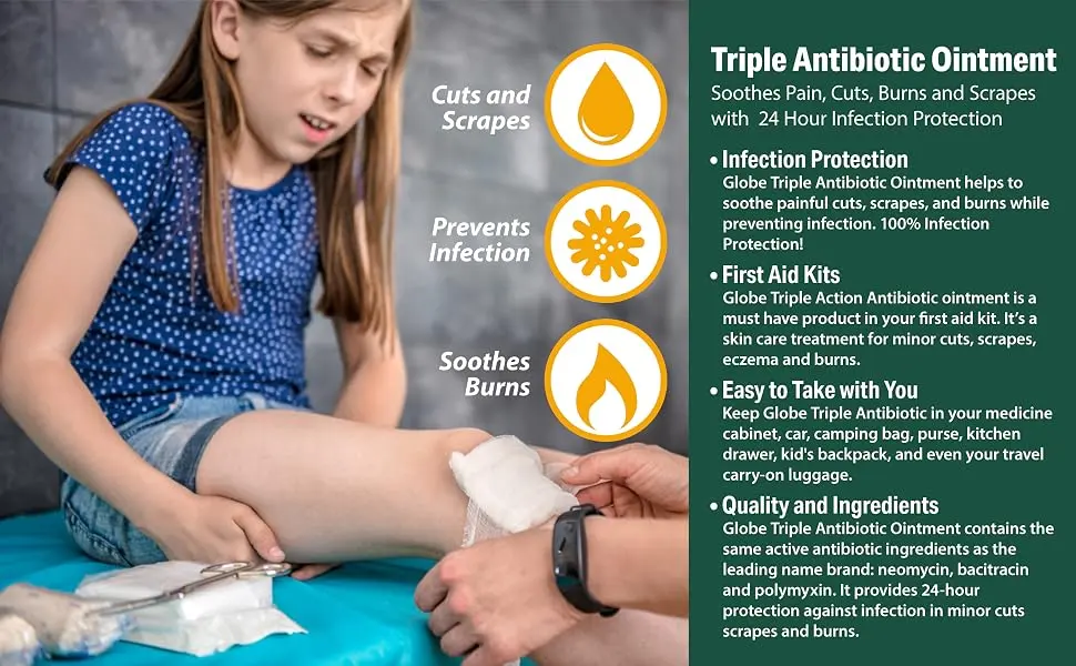 Globe Triple Antibiotic First Aid Ointment, 1 oz, First Aid Antibiotic Ointment, 24-Hour Infection Protection, Wound Care Treatment for Minor Scrapes, Burns and Cuts (4 Pack) - TRIPLE ANTIBIOTIC OINTMENT
