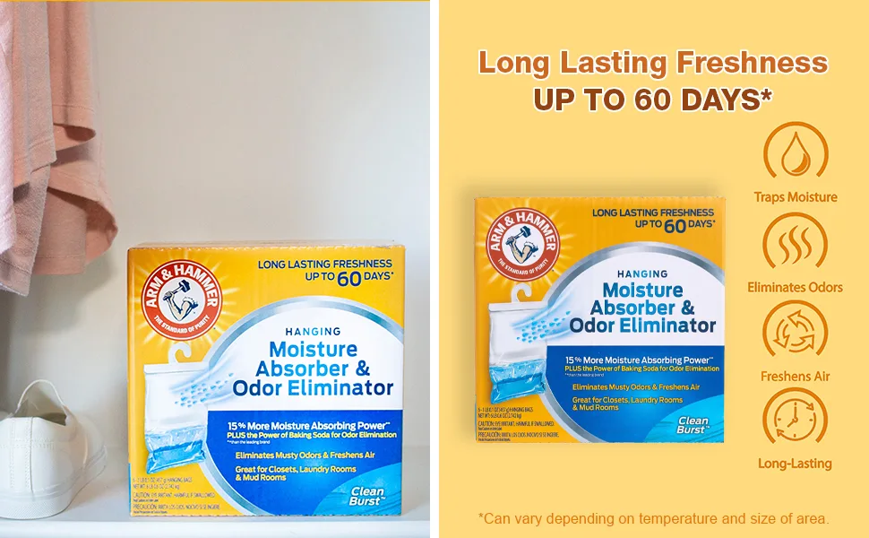 Arm & Hammer Hanging Moisture Absorber and Odor Eliminator, 16.1 oz., 6 Pack - Clean Burst, Moisture Absorbers for Closet and Small Rooms, Long-Lasting Freshness - long lasting freshness